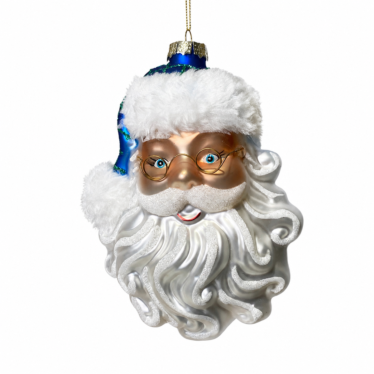 6.5" Glass Santa ornament with blue/green plaid hat