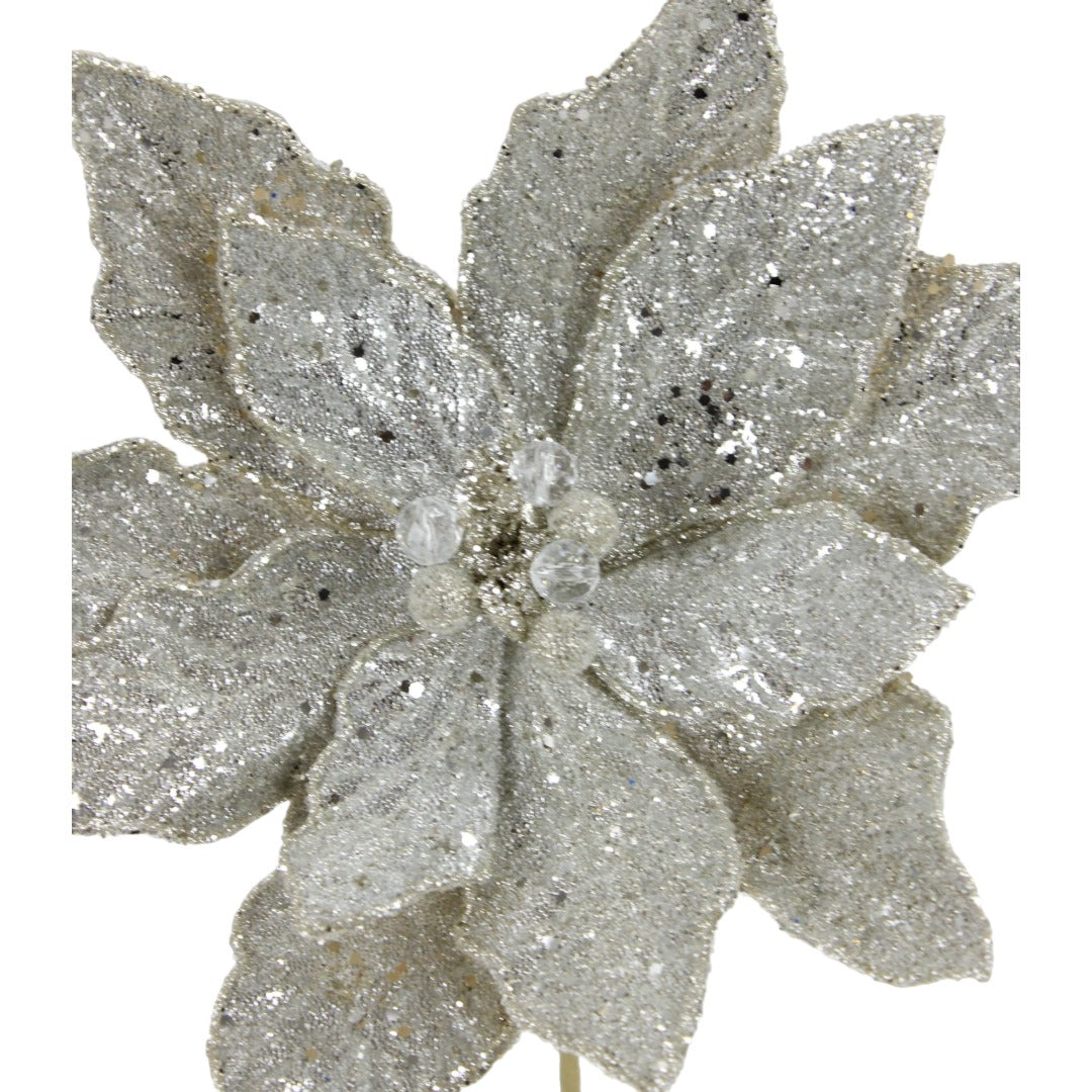 21IN Glitter Jewel Poinsettia Stem, Platinum