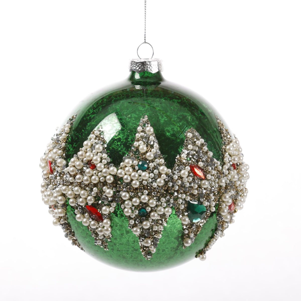 4.5" GREEN BEADED GLASS BALL ORN