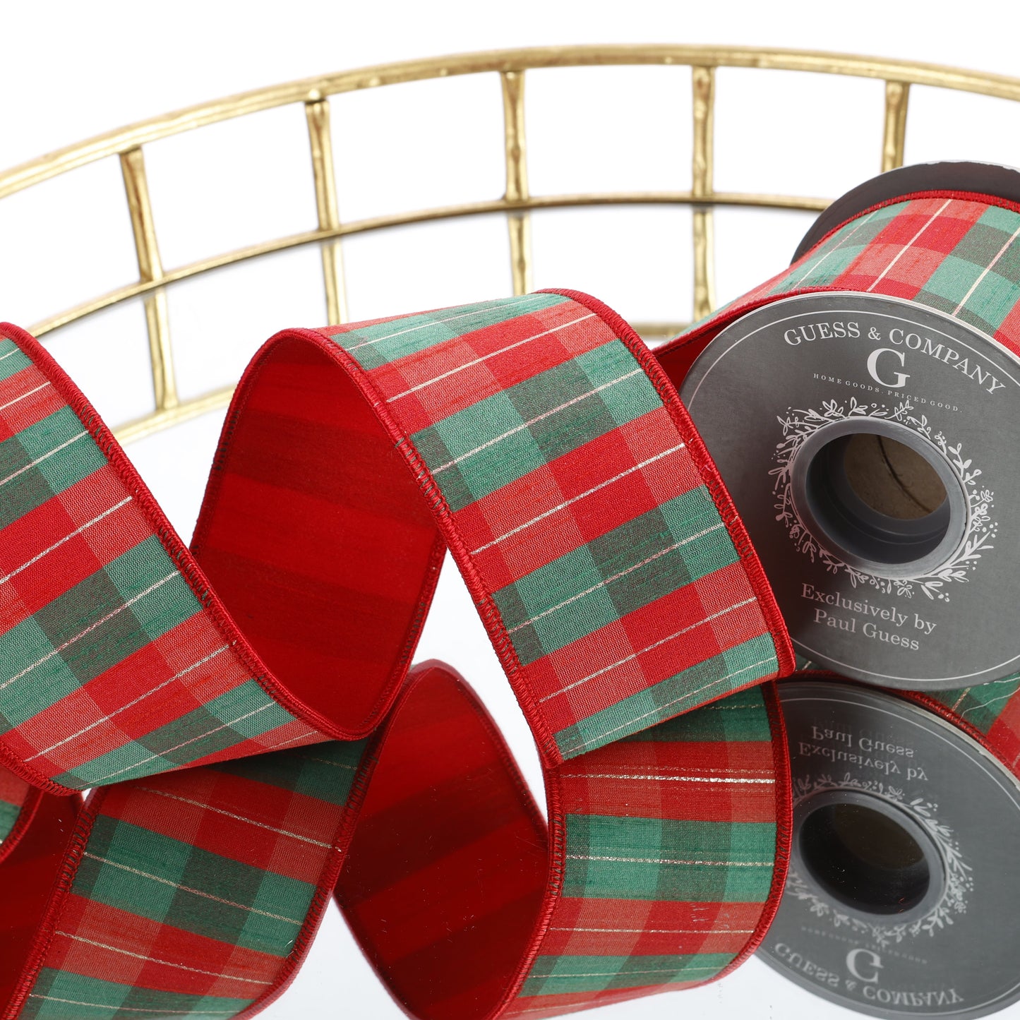 4" X 5 YD RED, GREEN & GOLD CHECK DUPION WITH RED DUPION BACK RIBBON