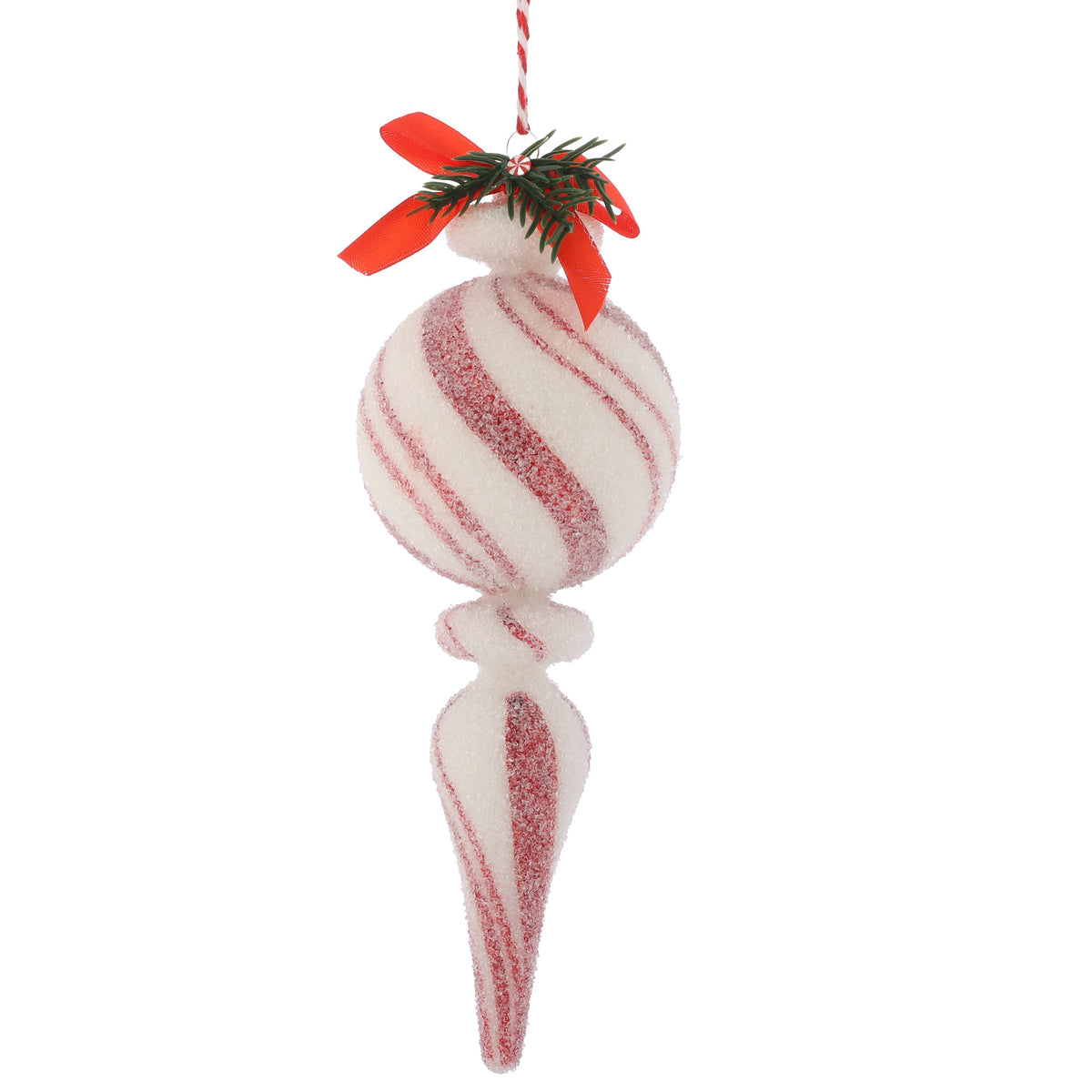 3.2 x 9.5"/ 8X24CM GLASS FROSTED PEPPERMINT FINIAL ORNAMENT STYLE B