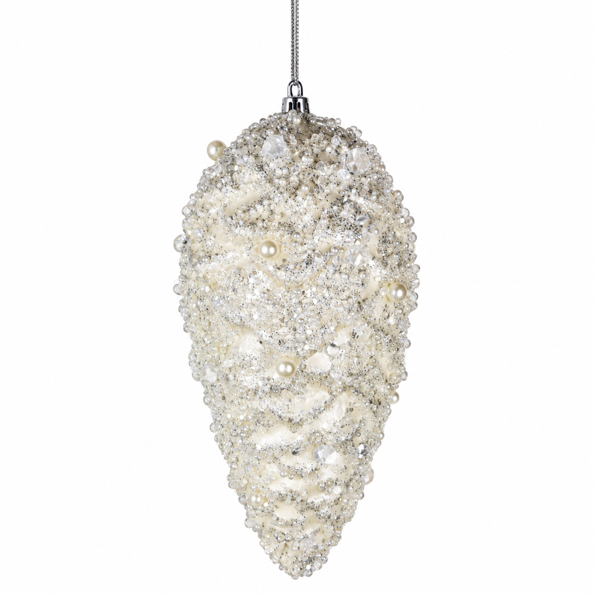 11IN Glitter Pinecone Ornament, Ivory