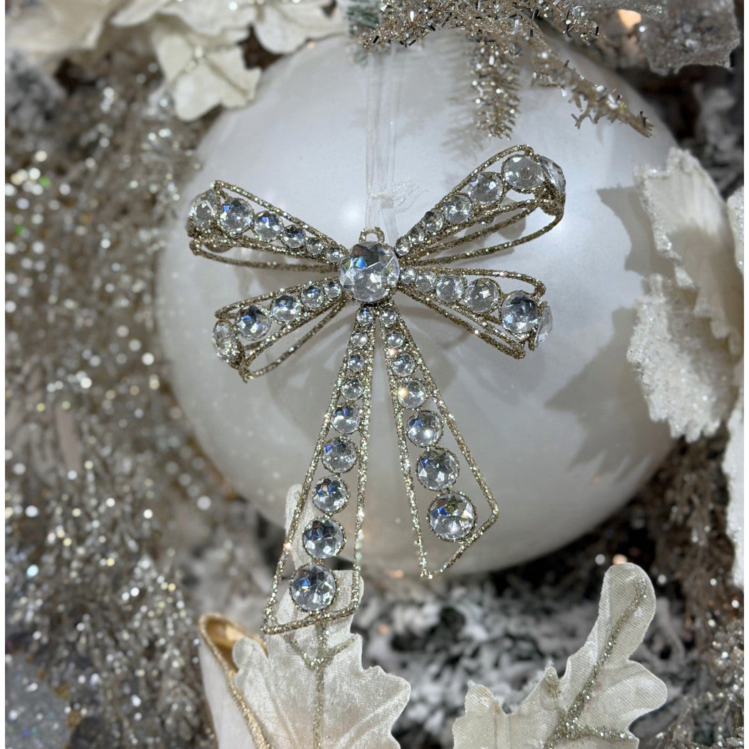 7IN Jewel Bow Ornament, Platinum