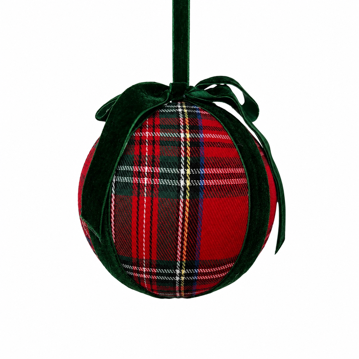 4.75" Red Plaid Ball with green velvet bow