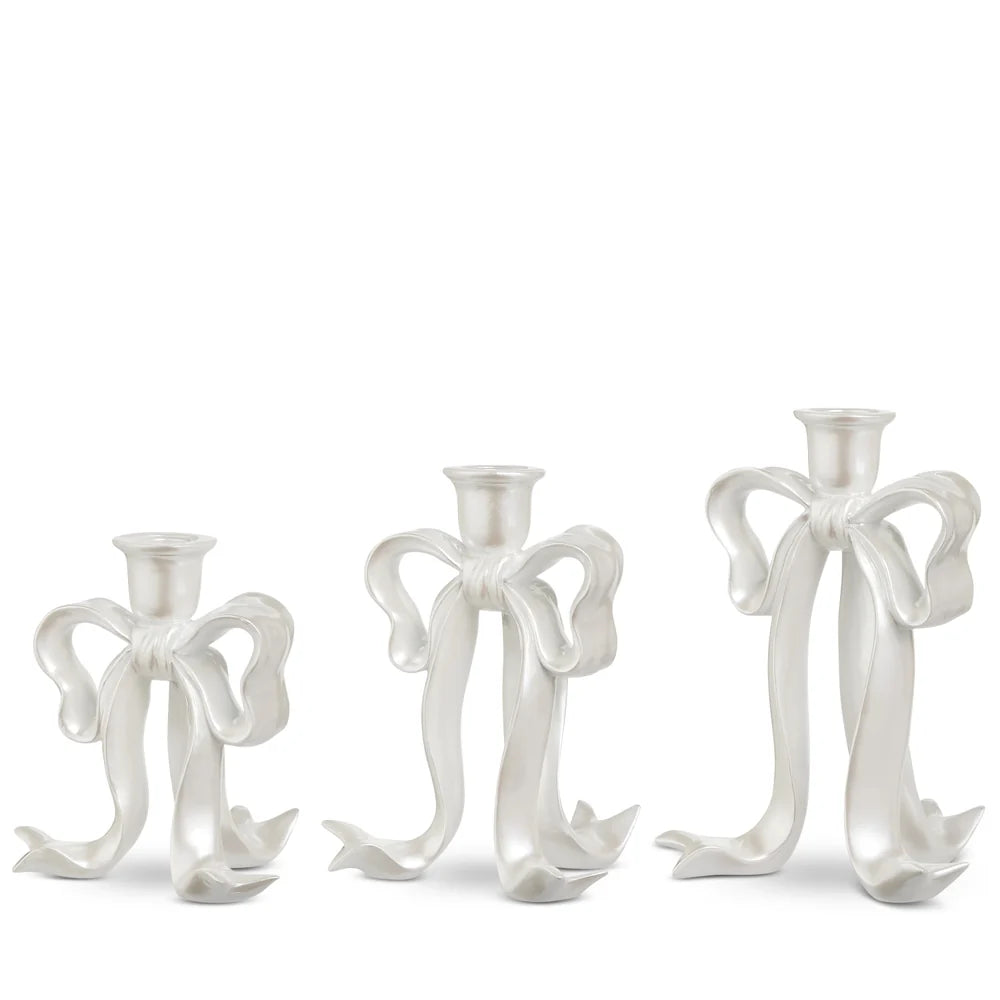 9" White Pearlescent Bow Candlesticks (LARGE ONLY)