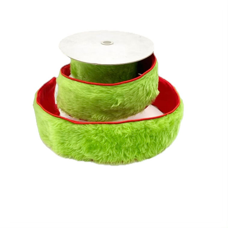 4" X 5 YDS FURRY GREEN/RED DUPION BACKED RIBBON