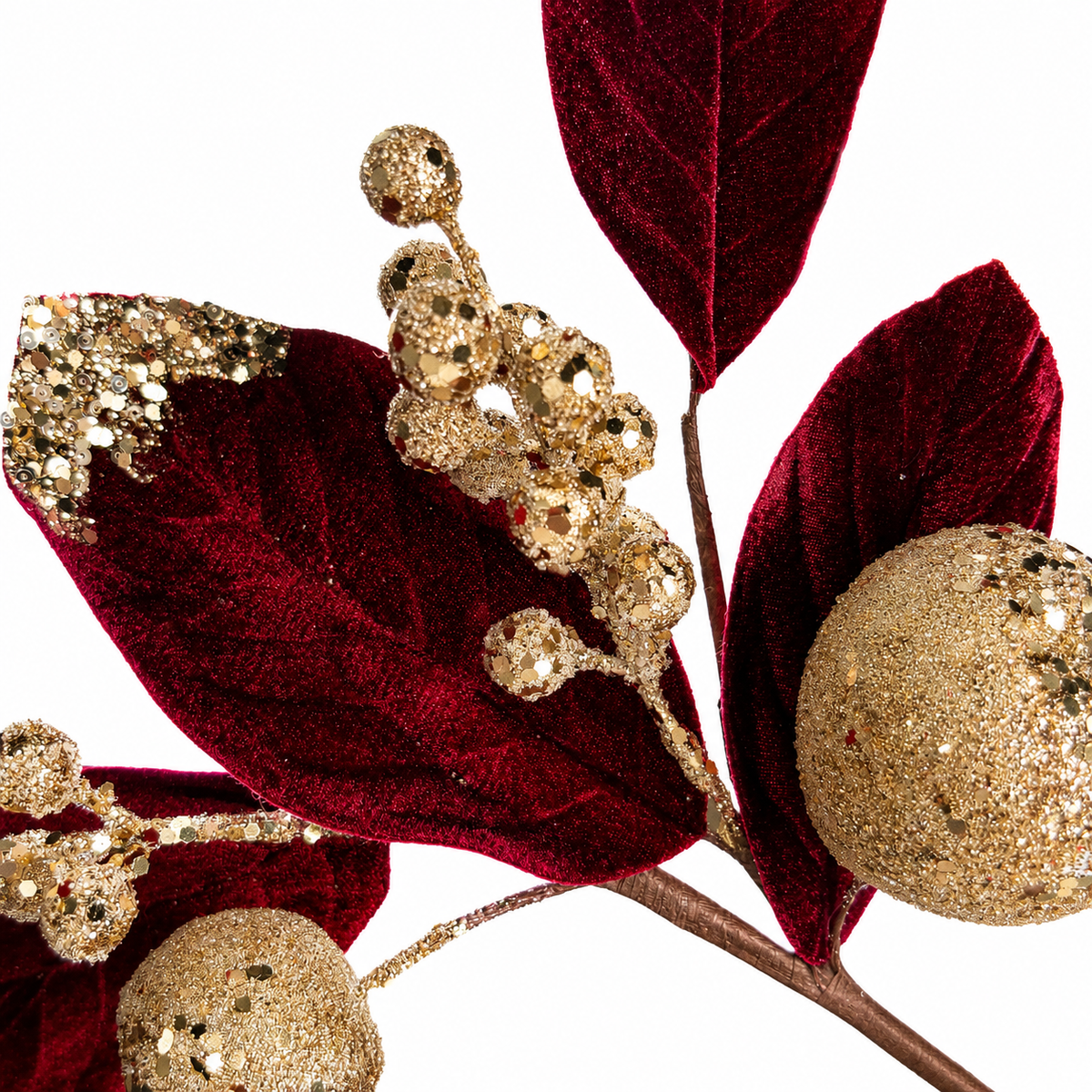 29" Burgundy Velvet Leaf Spray with Champagne Gold Berries