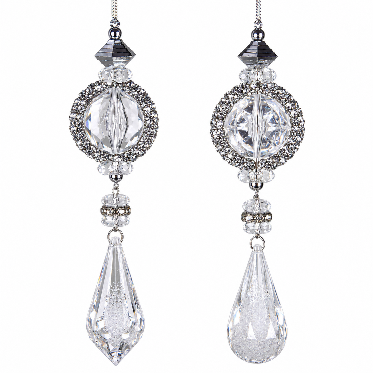 6.5IN Crystal Jewel Drop Ornament 2 Assorted, Platinum Clear
