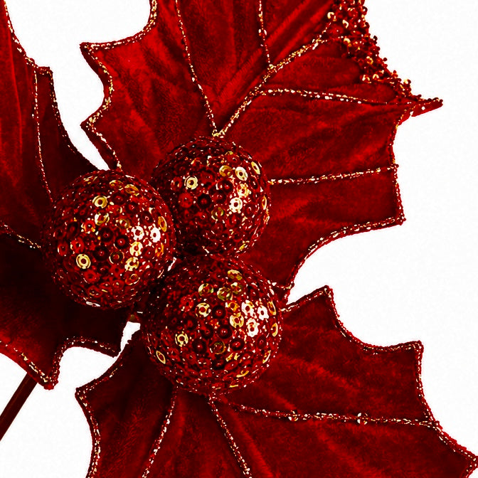 12.5" Diameter Red Velvet Holly Leaf Spray with red and gold beads