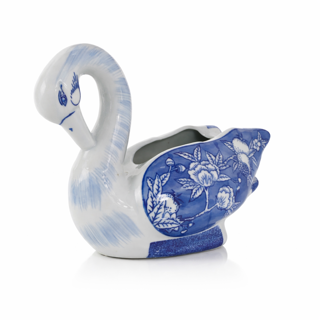 PORCELAIN BLUE AND WHITE GOOSE PLANTER