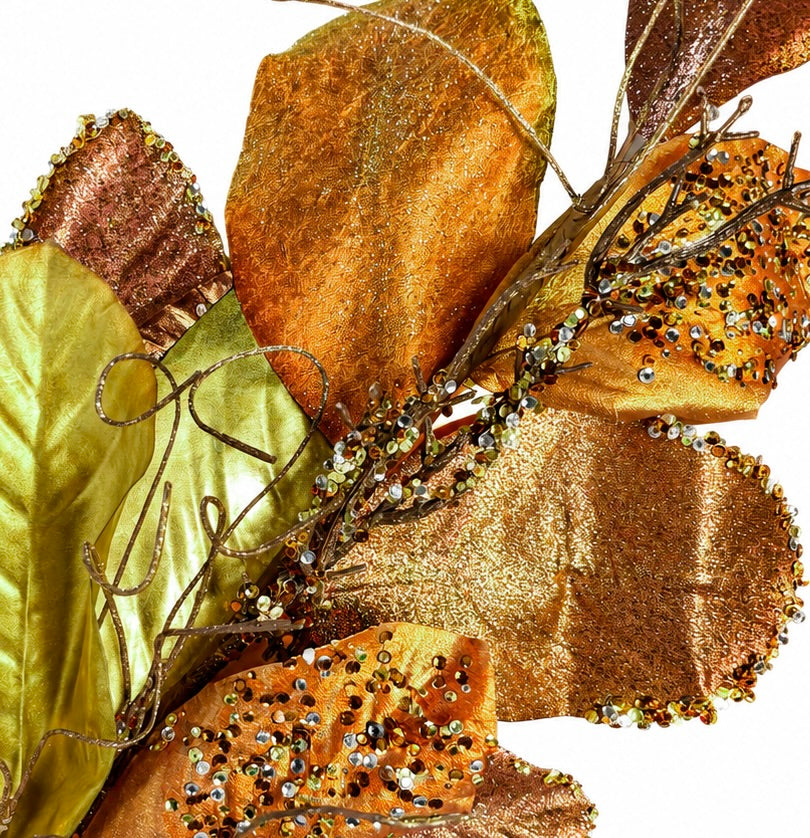 39" Green/Gold Beaded Magnolia Leaf Spray