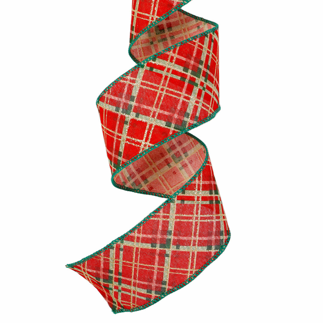 2.5" X 10 Yard Green Plaid On Red Ribbon