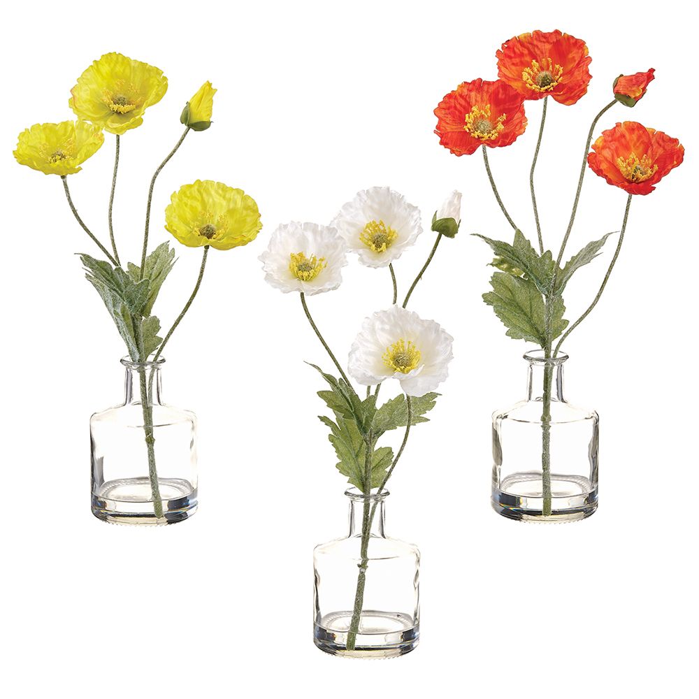 12"POPPY IN GLASS VASE (YELLOW ONLY)