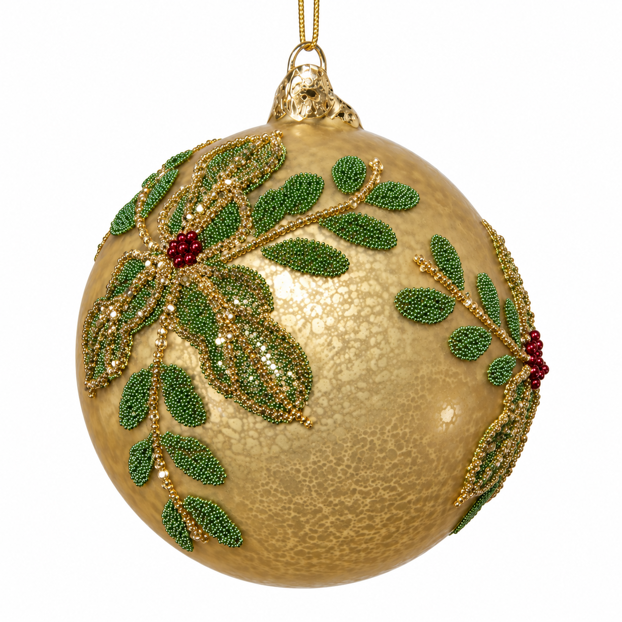 5" D Gold Glass Ball Ornament with Beaded Holly Design