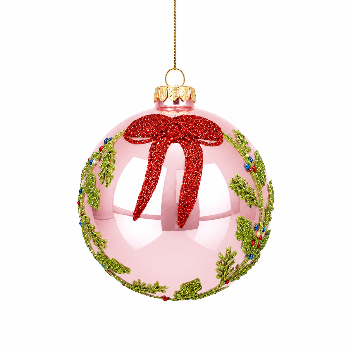 4" Glass Pink Ball Ornament with Red Bow