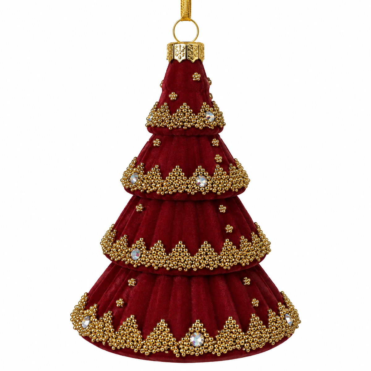 5.5" Glass Christmas Tree Ornament Burgandy with Gold Beads