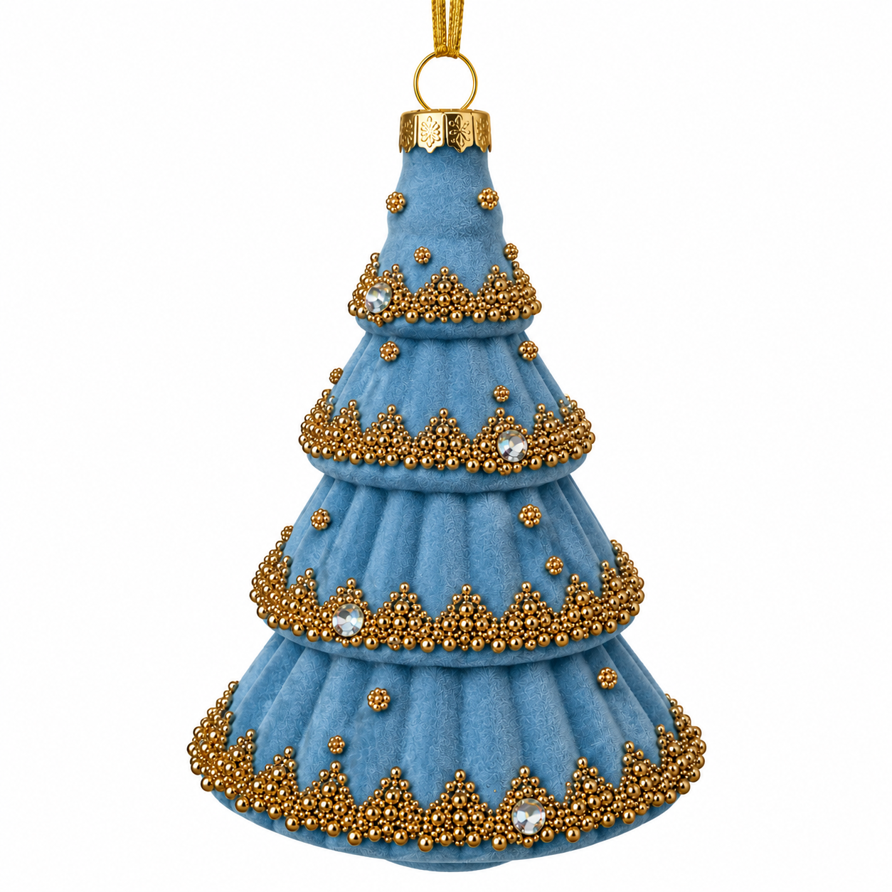5.5" Glass Christmas Tree Ornament Blue with Gold Beads