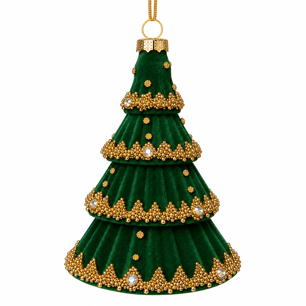 5.5" Glass Christmas Tree Ornament Green with Gold Beads