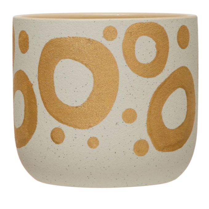 Hand-Painted Stoneware Planter with Gold Design