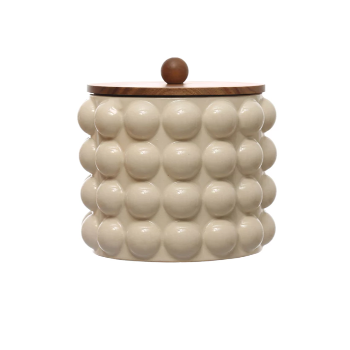 8 1/4" ROUND STONEWARE CANISTER WITH WOOD LID
