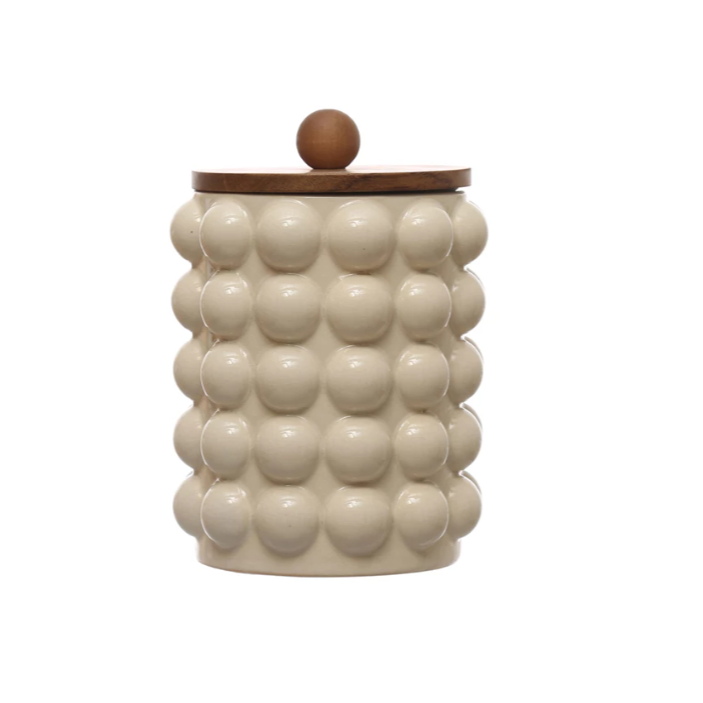 8 1/4"H STONEWARE CANISTER WITH WOOD LID