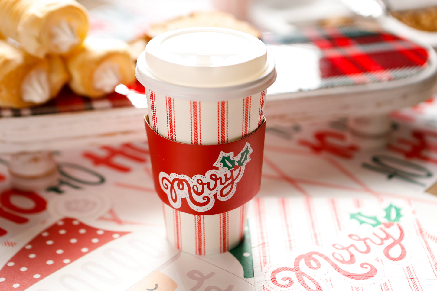 Set Of 8 Cups - Red Ticking With Merry Sleeve Hot/Cold Cup With Lid