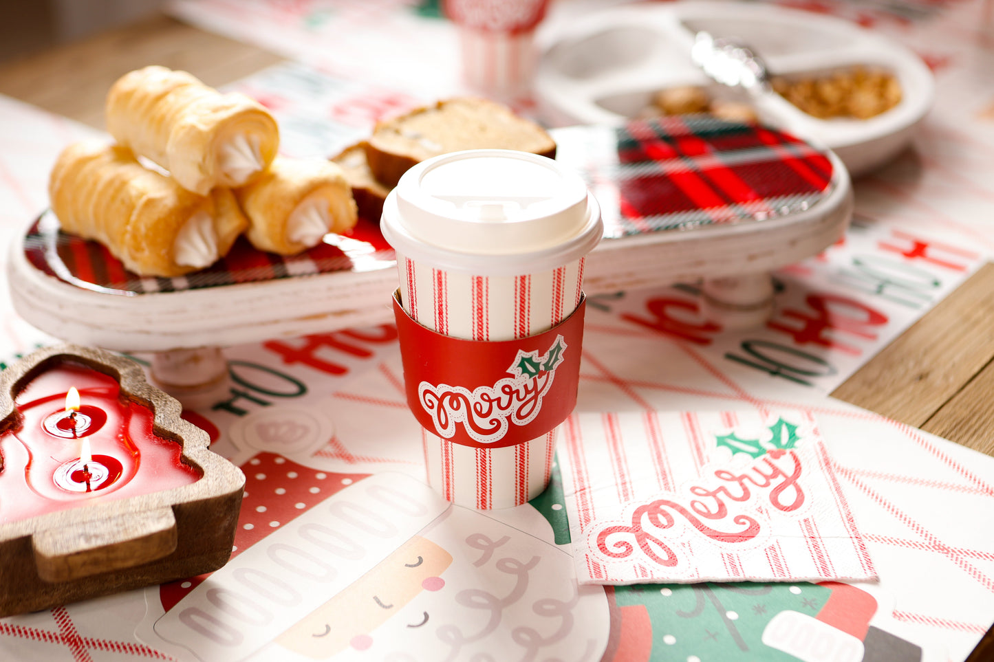Merry On Red Ticking Beverage Napkin..20 Pieces Per Pkg