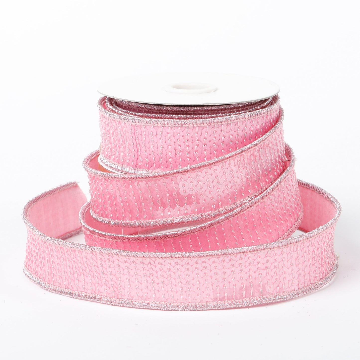 1" X 5 YDS LIGHT PINK SEQUINED DUPION BACKED RIBBON