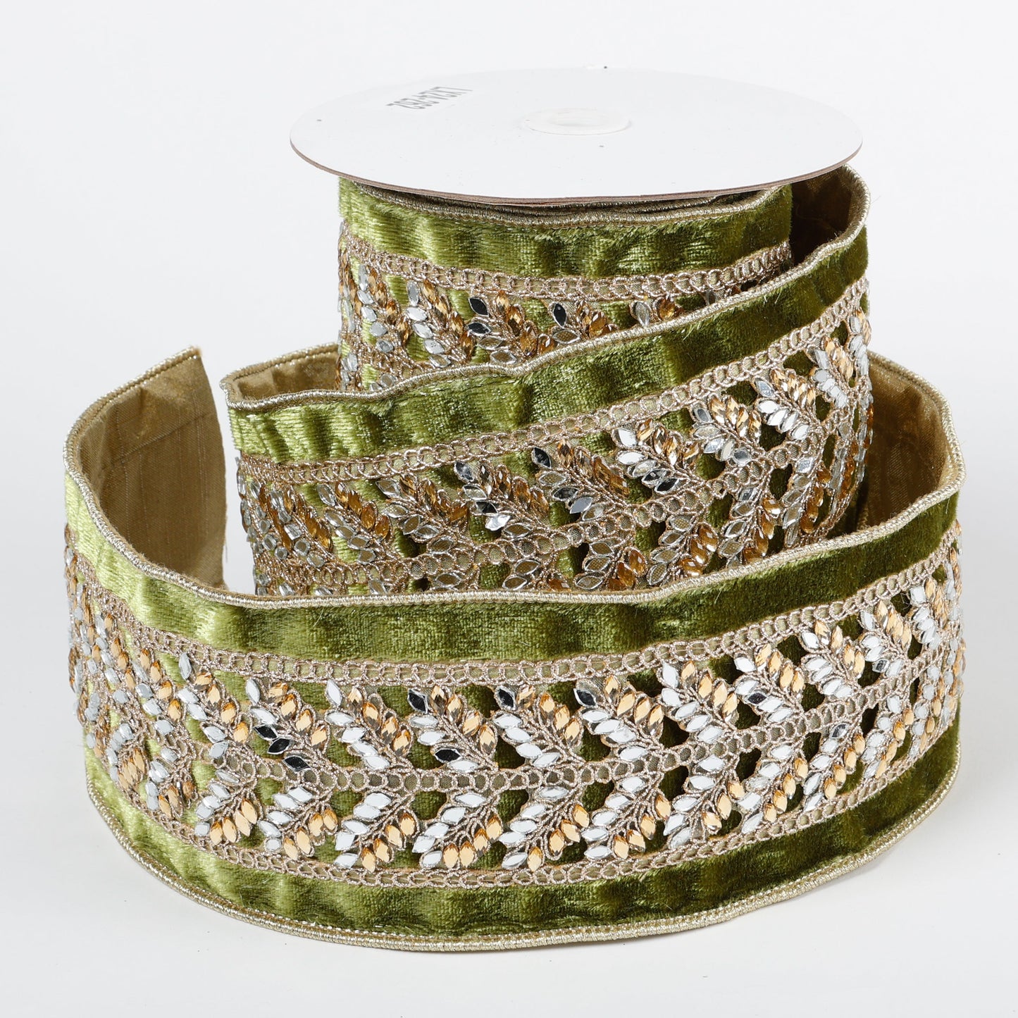 4" X 5 YDS SAGE GRN VEL GLD AND SILV MIRRORED DUP BACK RIBBON