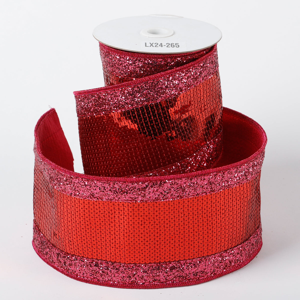 4" X 5 YDS RED SEQUINS WITH PINK GLITTER DUPION BACKED RIBBON