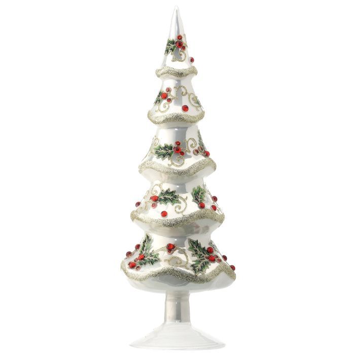 12" GLASS LAYERED TREE W/HOLLY & BERRIES