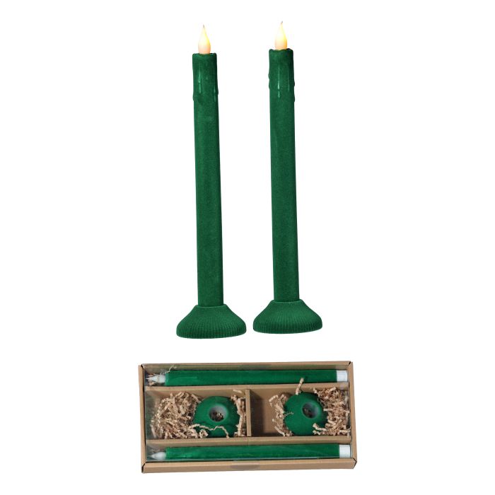 10" LED Timer Flocked Taper Candle Box of 2, Green