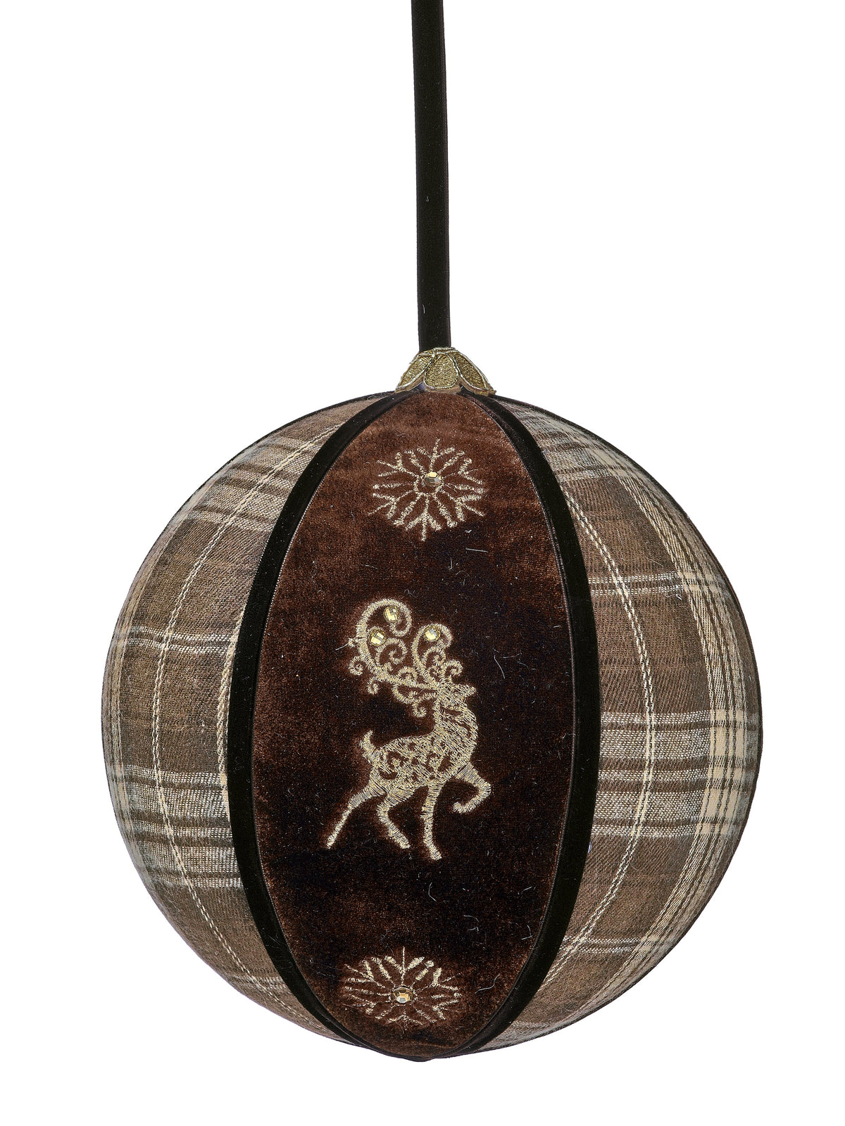 8" PLAID DEER VELVET BALL ORNAMENT-CHOC
