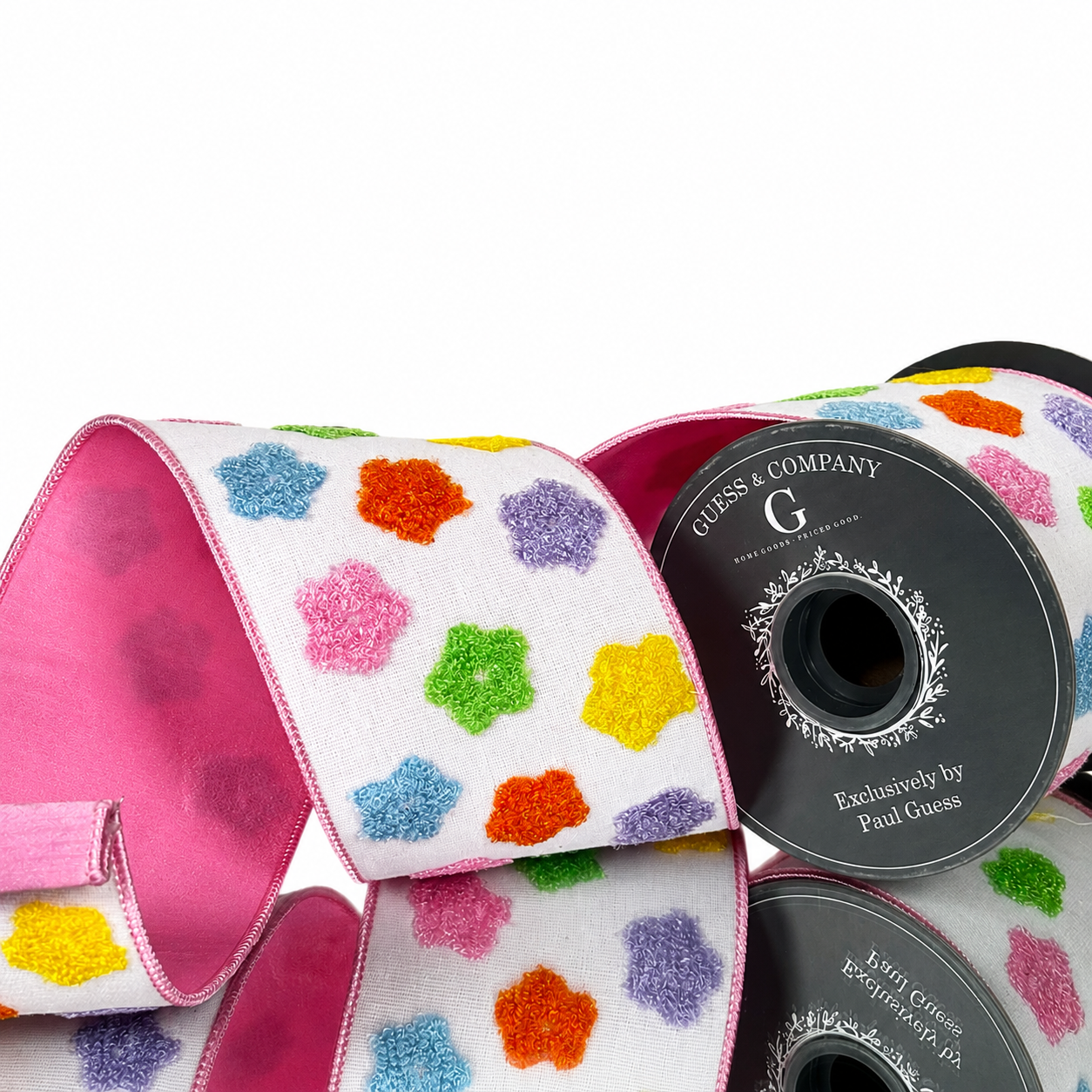 4"X5YD MULTI COLOR EMBROIDERY ON WHITE DUPION WITH PINK BACK