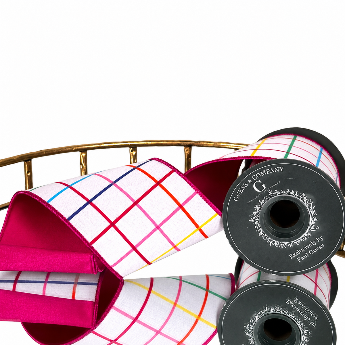 4"X5YD SPRING STRIPE CHECK PRINT ON POLY COTTON WITH HOT PINK DUPION BACK
