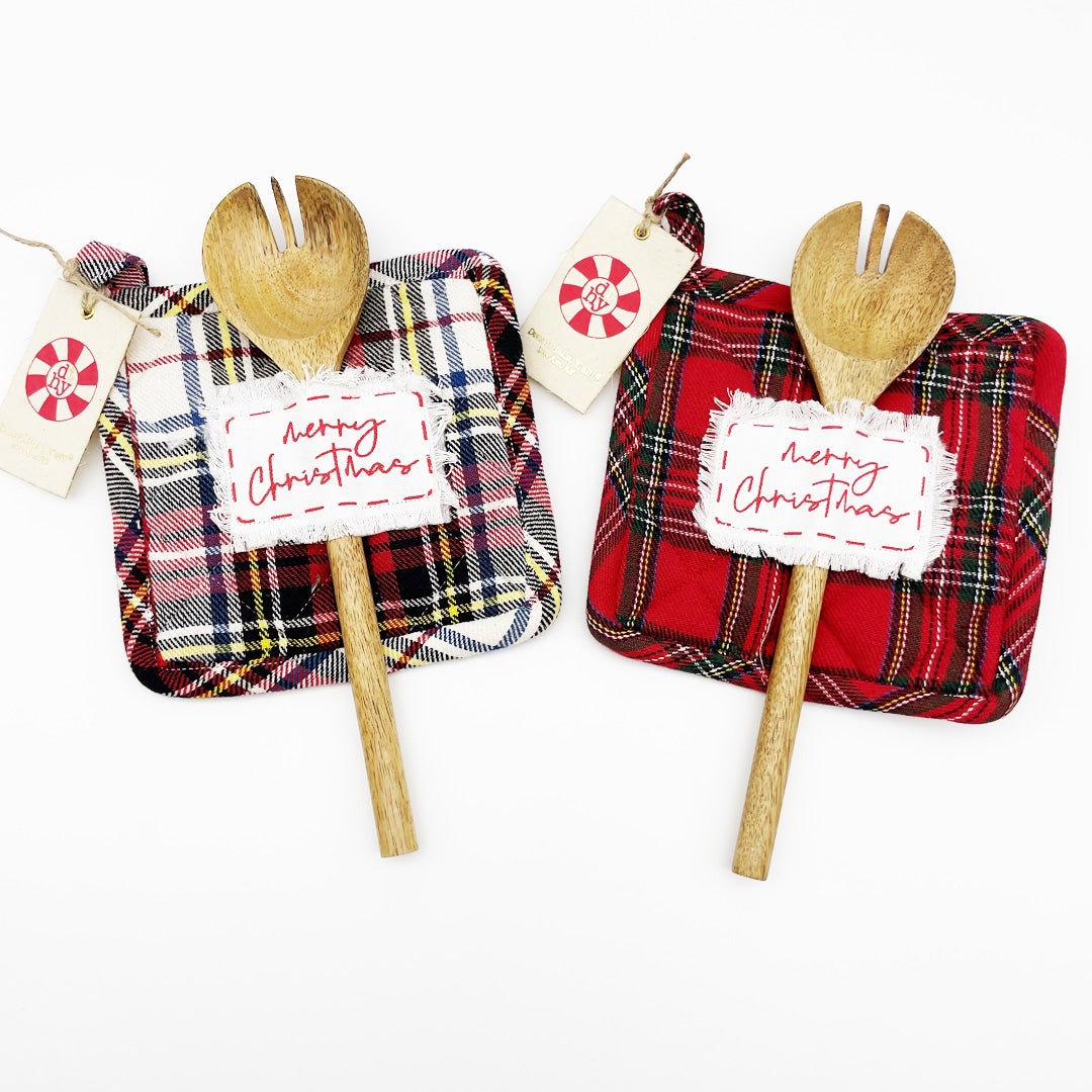 Merry Christmas Plaid Potholder With Wooden Spoon-WHITE BASED PLAID (A)