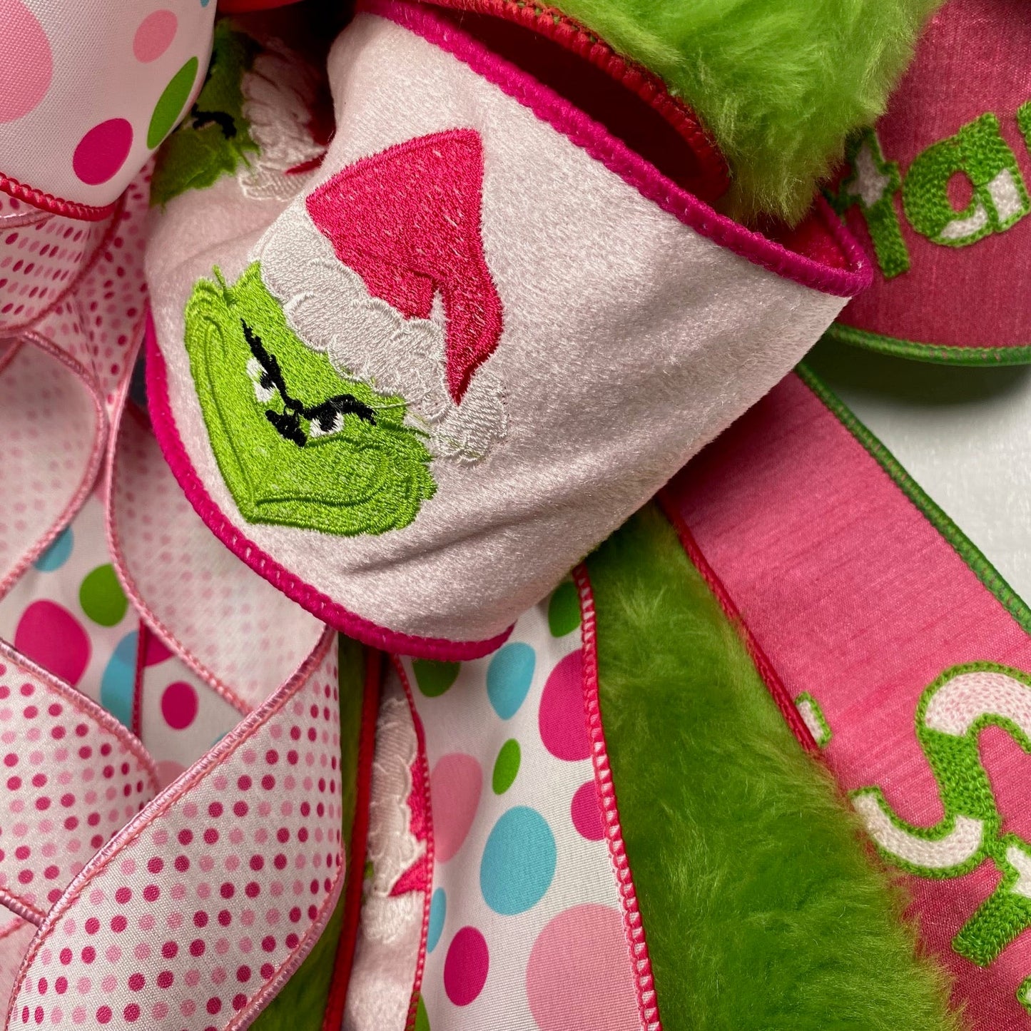 18"W X 40"L GREEN MONSTER FACE PINK PRE-MADE BOW