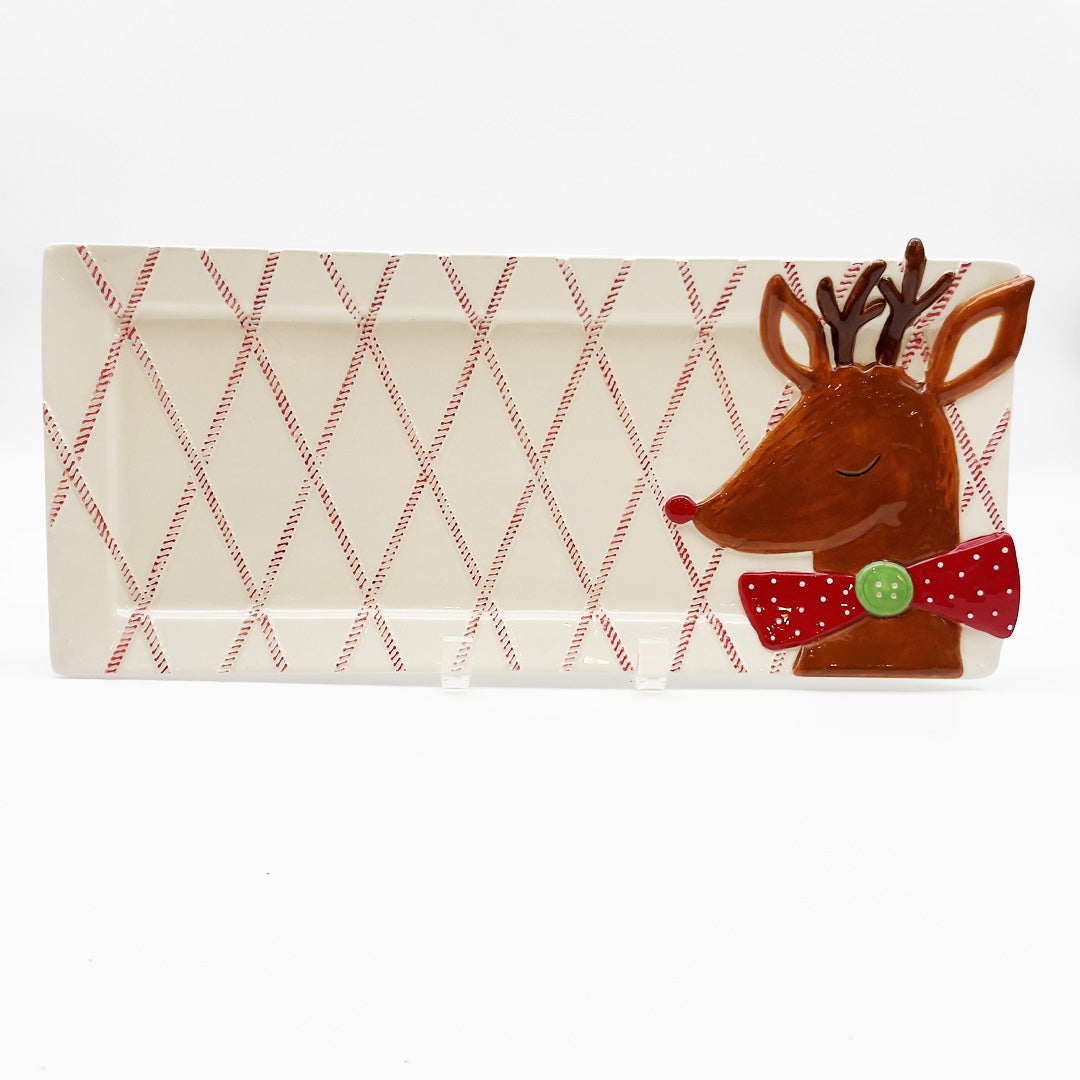 Reindeer On Red/White Diamond Ticking Platter