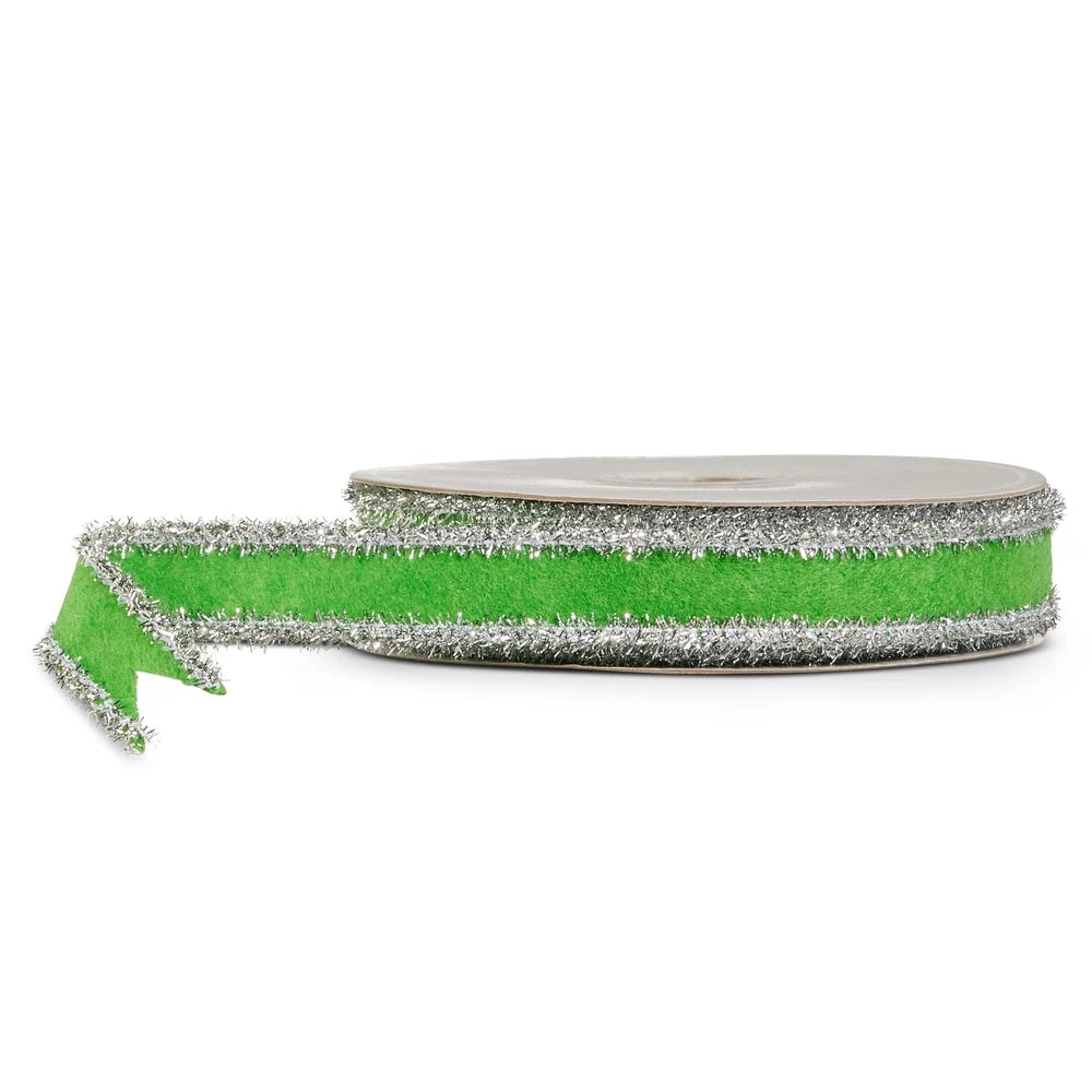1" X 10 Yds Green and Silver Tinsel Wired Ribbon
