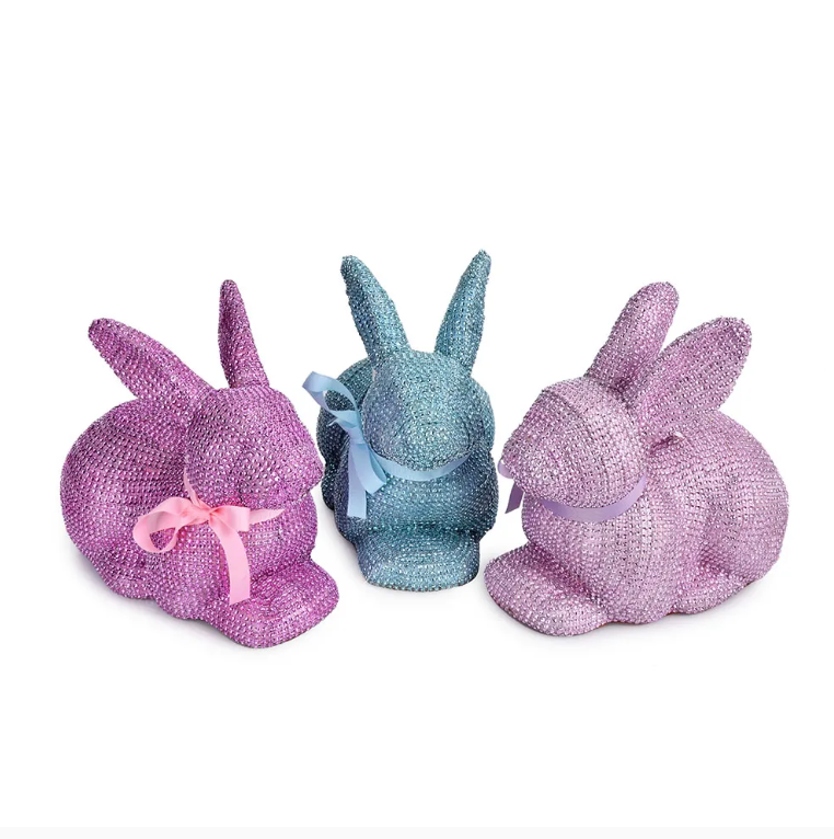 FABRIC COVERED BUNNY WITH BOW-PURPLE ONLY 3 ASSORTED L11" W6" H9"
