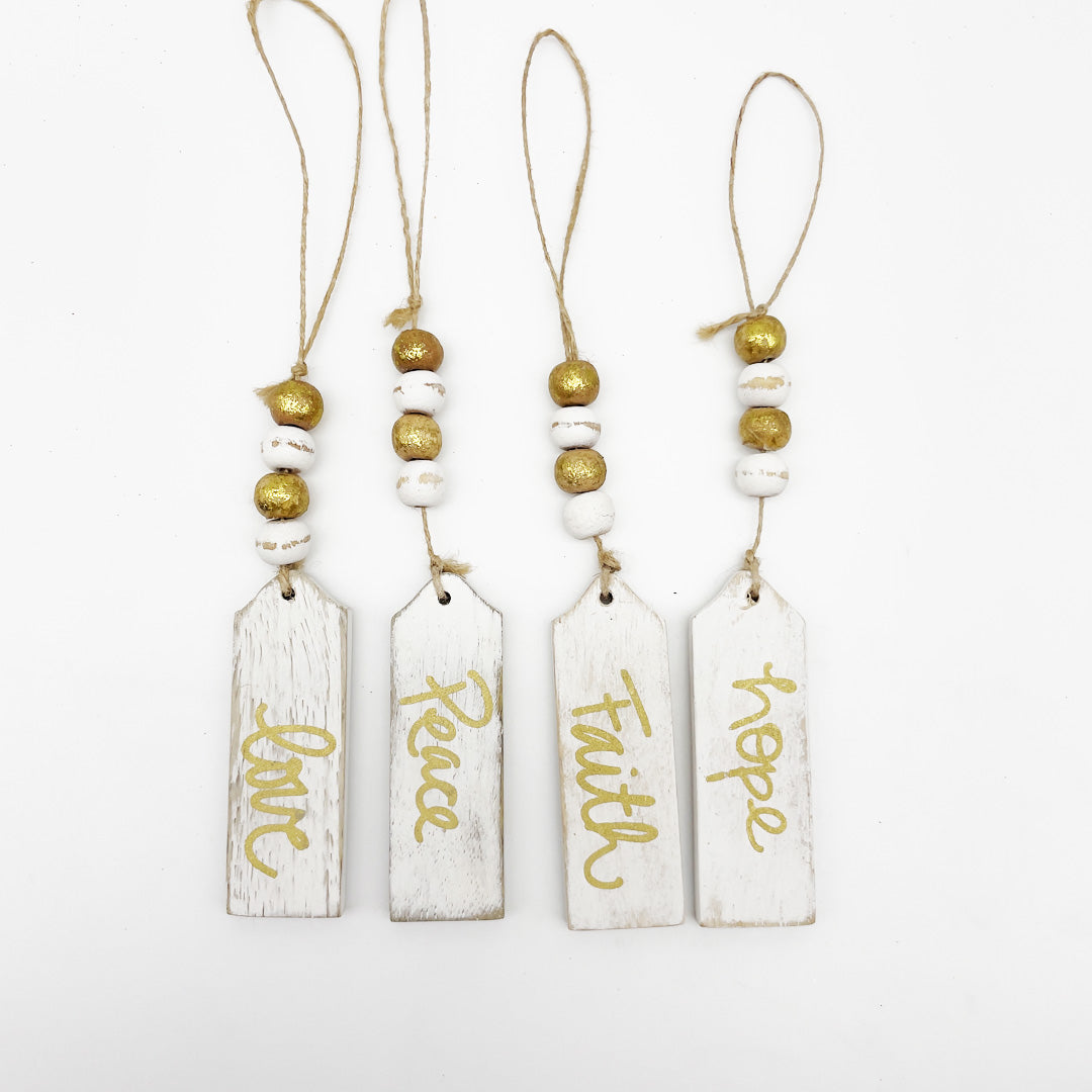 Whitewash Wood Ornaments with Sentiment - SET of 4