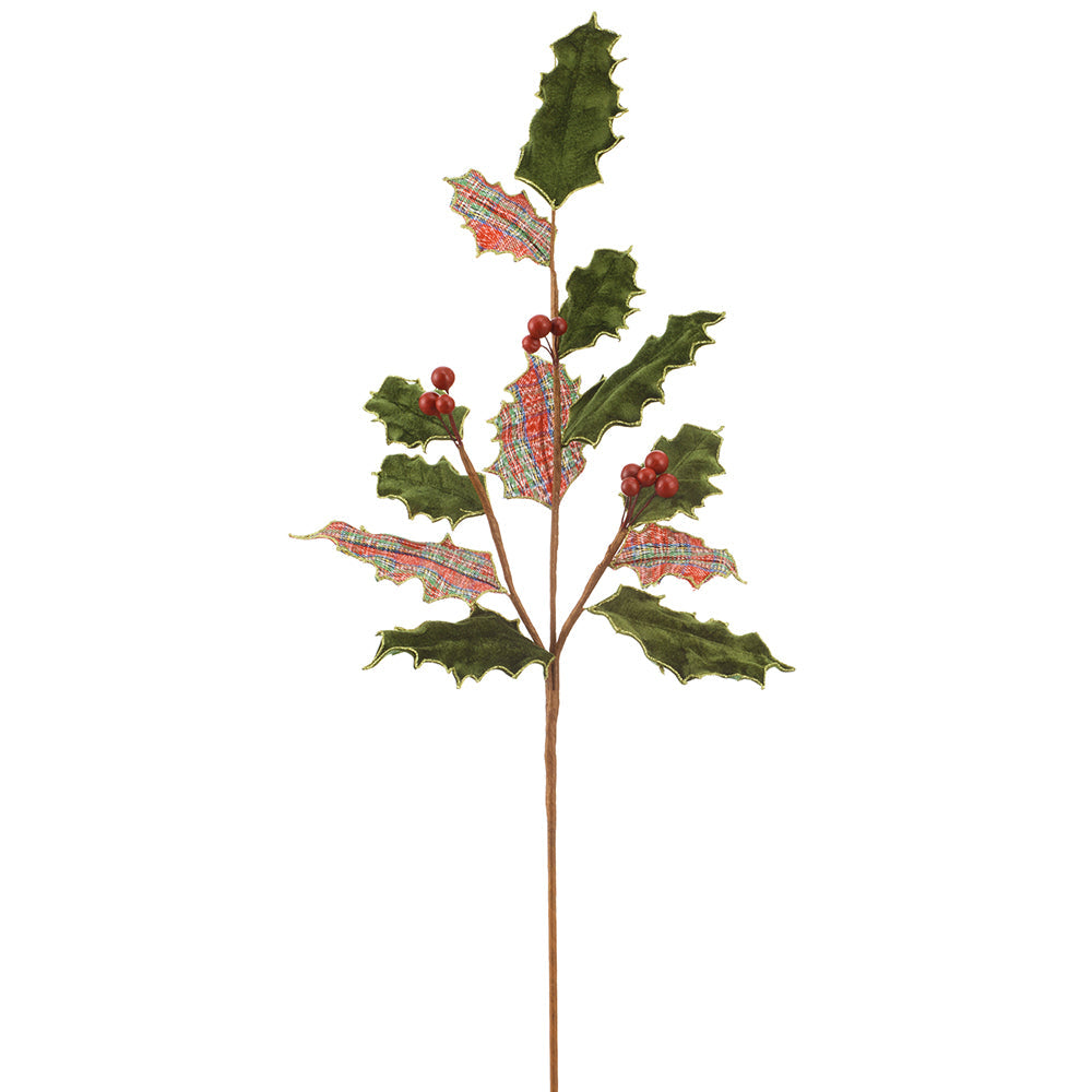 29" Velvet/Plaid Holly Leaf Spray With Berry