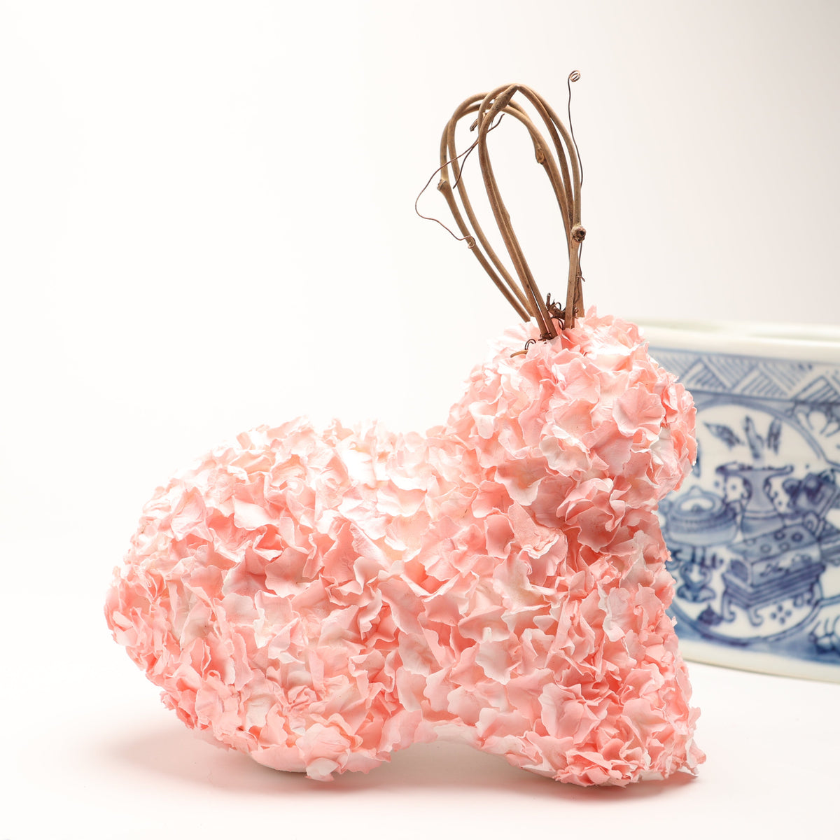 7.5" x 3.9" x 7.5" Hydrangea Rabbit with Twig Ears Color Pink G26393