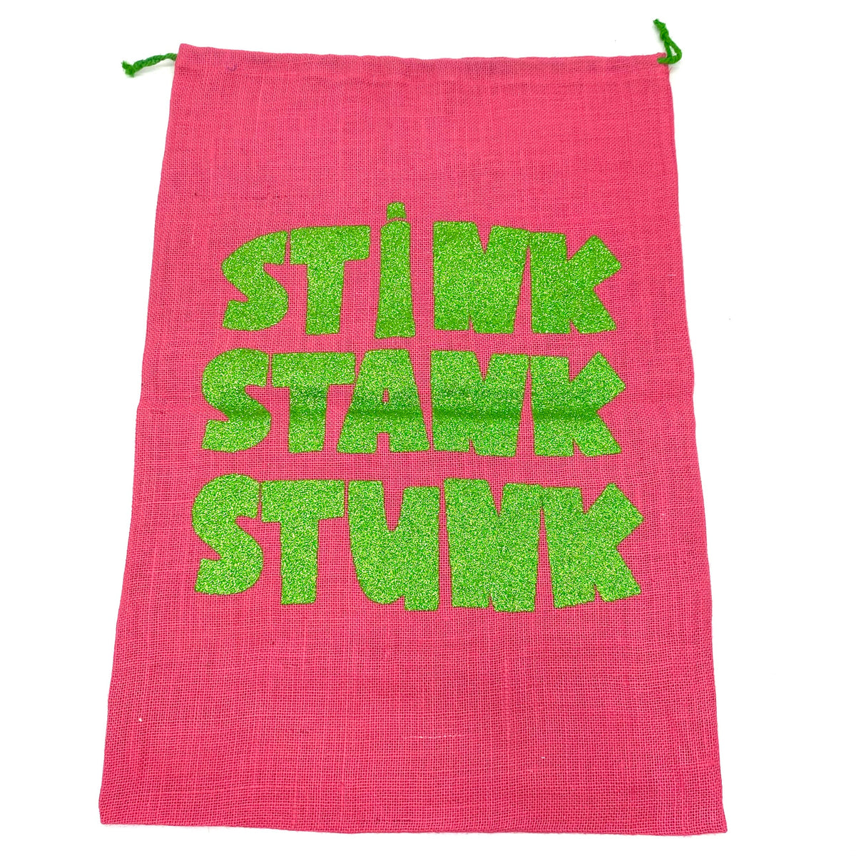 SANTA SACK WITH GLITTER PRINT IN PINK "STINK, STANK, STUNK" 19" x 28"