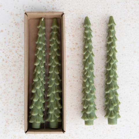 10" UNSCENTED TREE SHAPED TAPER CANDLES, SET OF 2-CEDAR GREEN