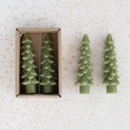 5" UNSCENTED TREE SHAPED TAPER CANDLES, SET OF 2-CEDAR GREEN