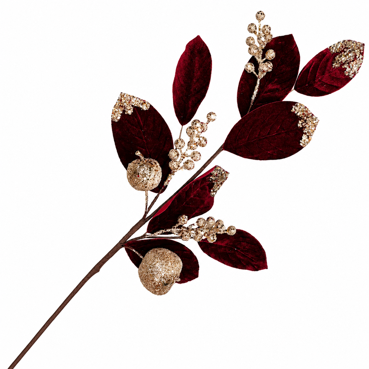 29" Burgundy Velvet Leaf Spray with Champagne Gold Berries