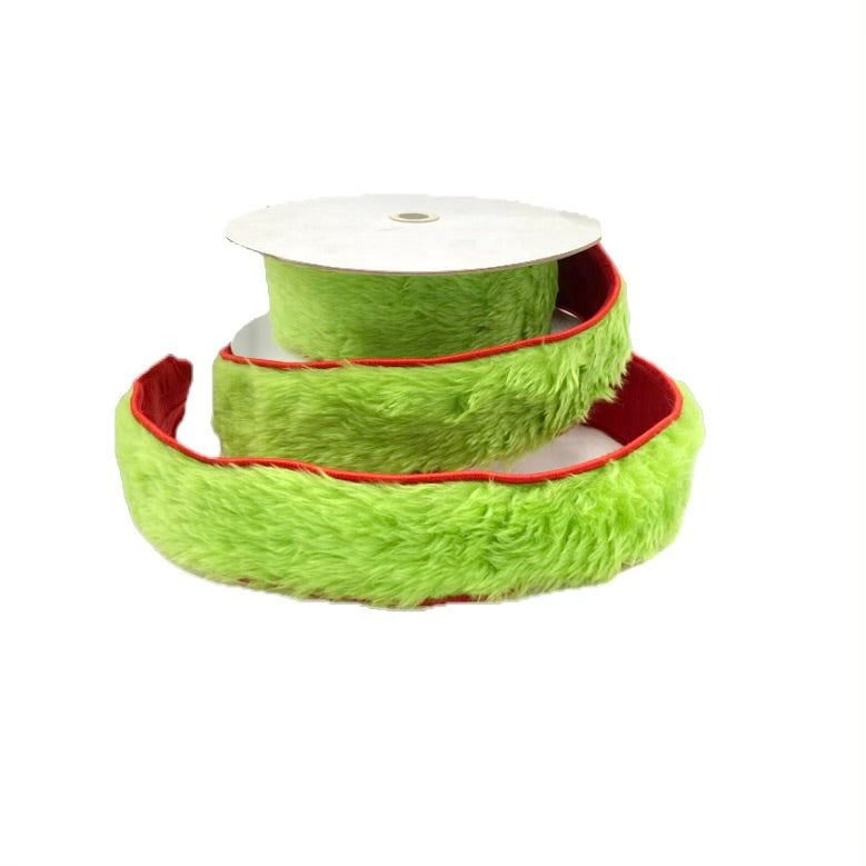 2.5" X 5 YDS FURRY GREEN/RED DUPION BACKED RIBBON