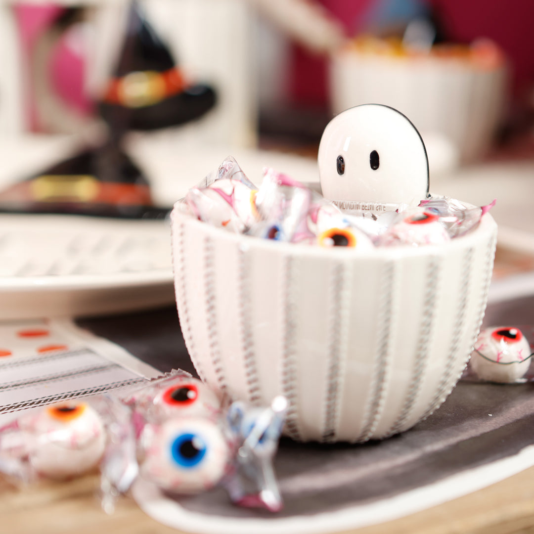 SET OF 2 Black/White Ticking Ghost Halloween Bowl With Spoon