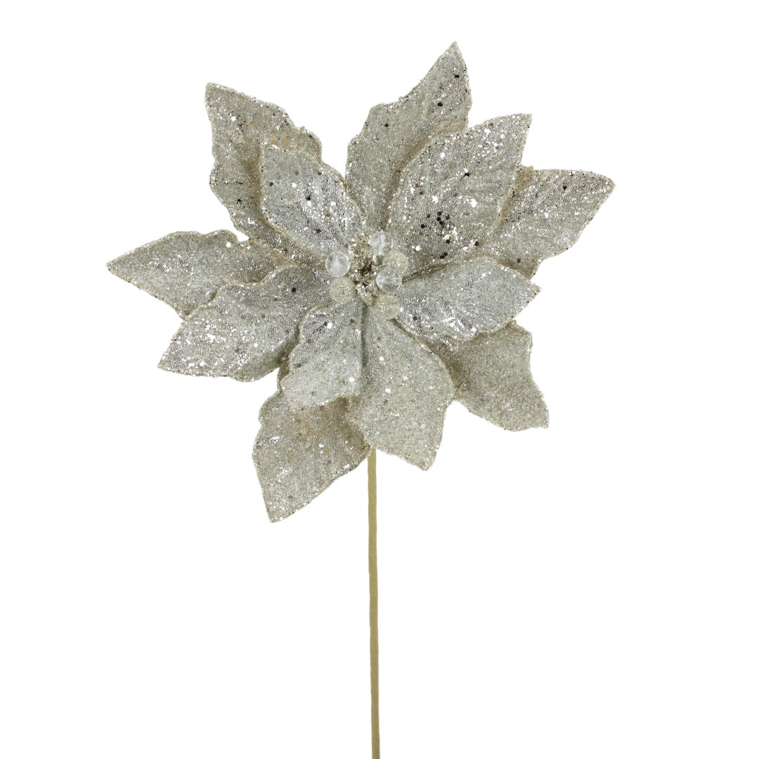 21IN Glitter Jewel Poinsettia Stem, Platinum